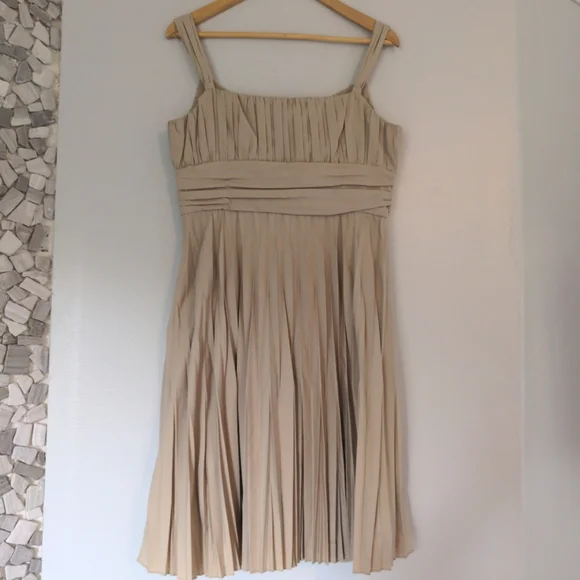 Anne Klein Dress Fit Flare Baby Doll Midi Size 12P Beige Pleated Lined Summer - Picture 5 of 13